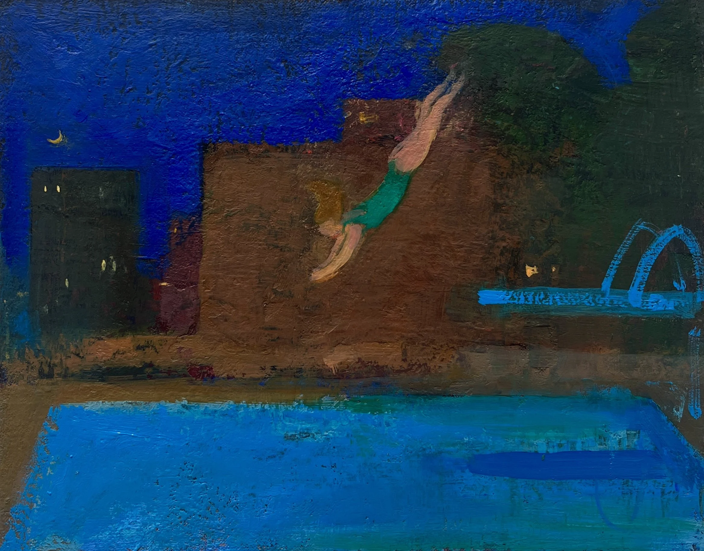 Nighttime Diver, oil on mounted linen, 8” x 10”
