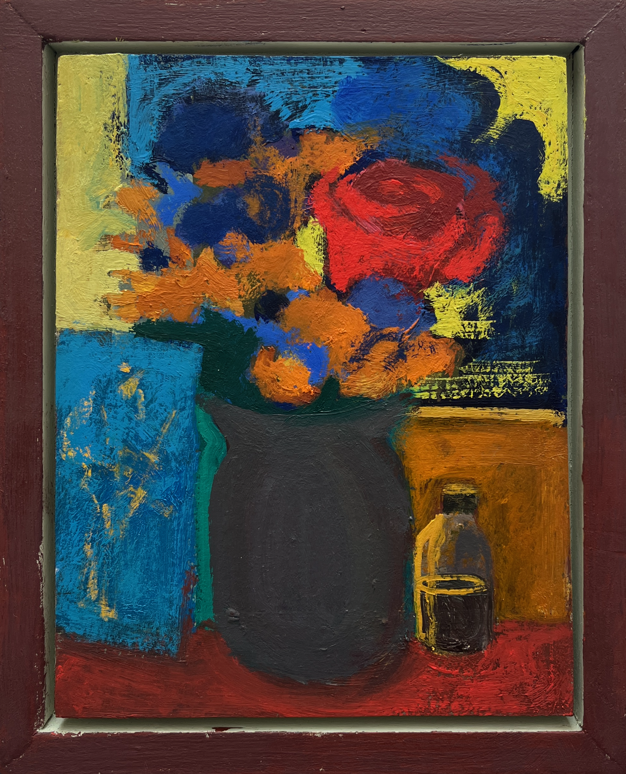 Studio Flowers, oil on mounted paper with painted frame, 8” x 6” 