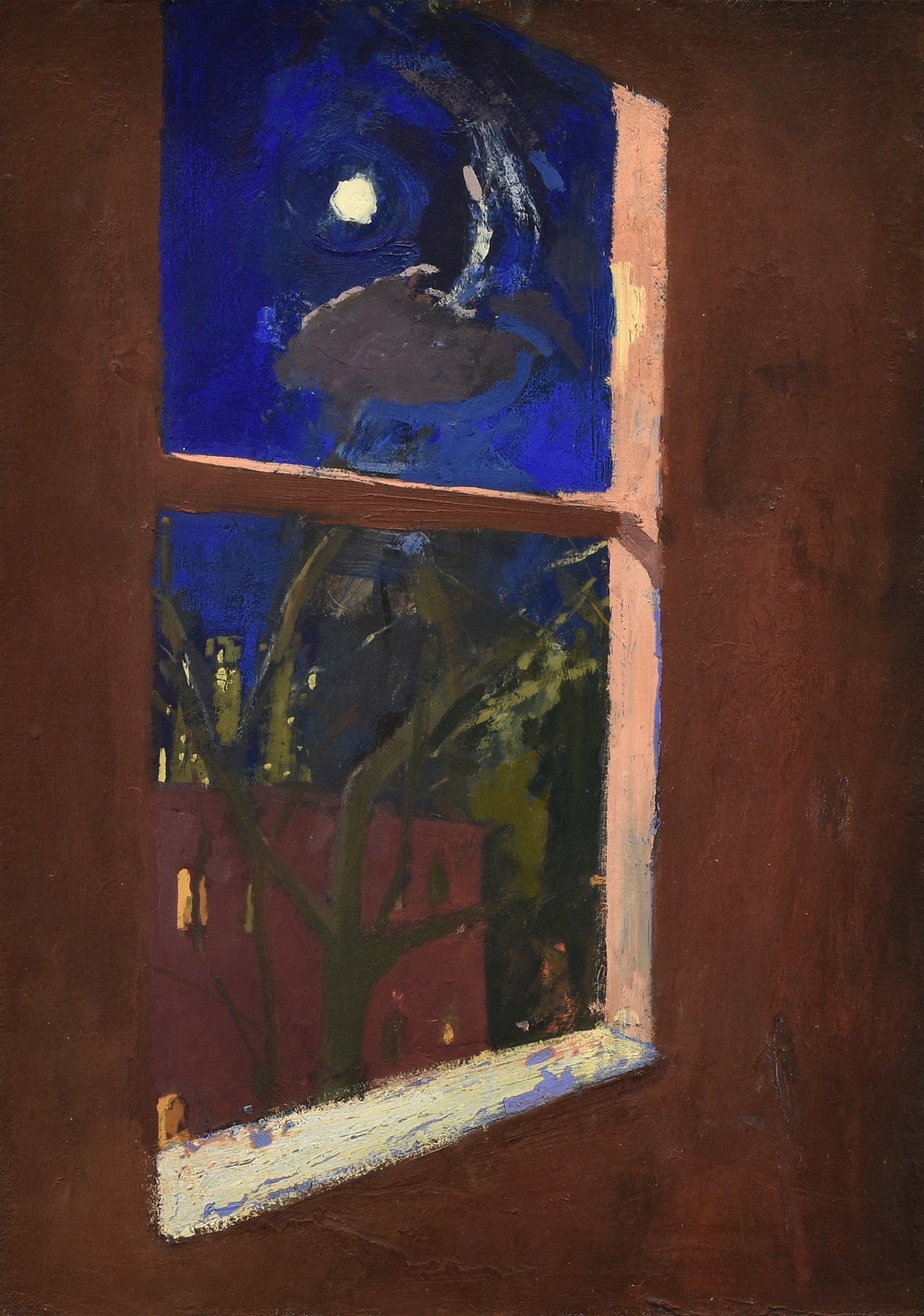 Moonrise from my Window, oil on mounted canvas, 16" x 11.25", 2024