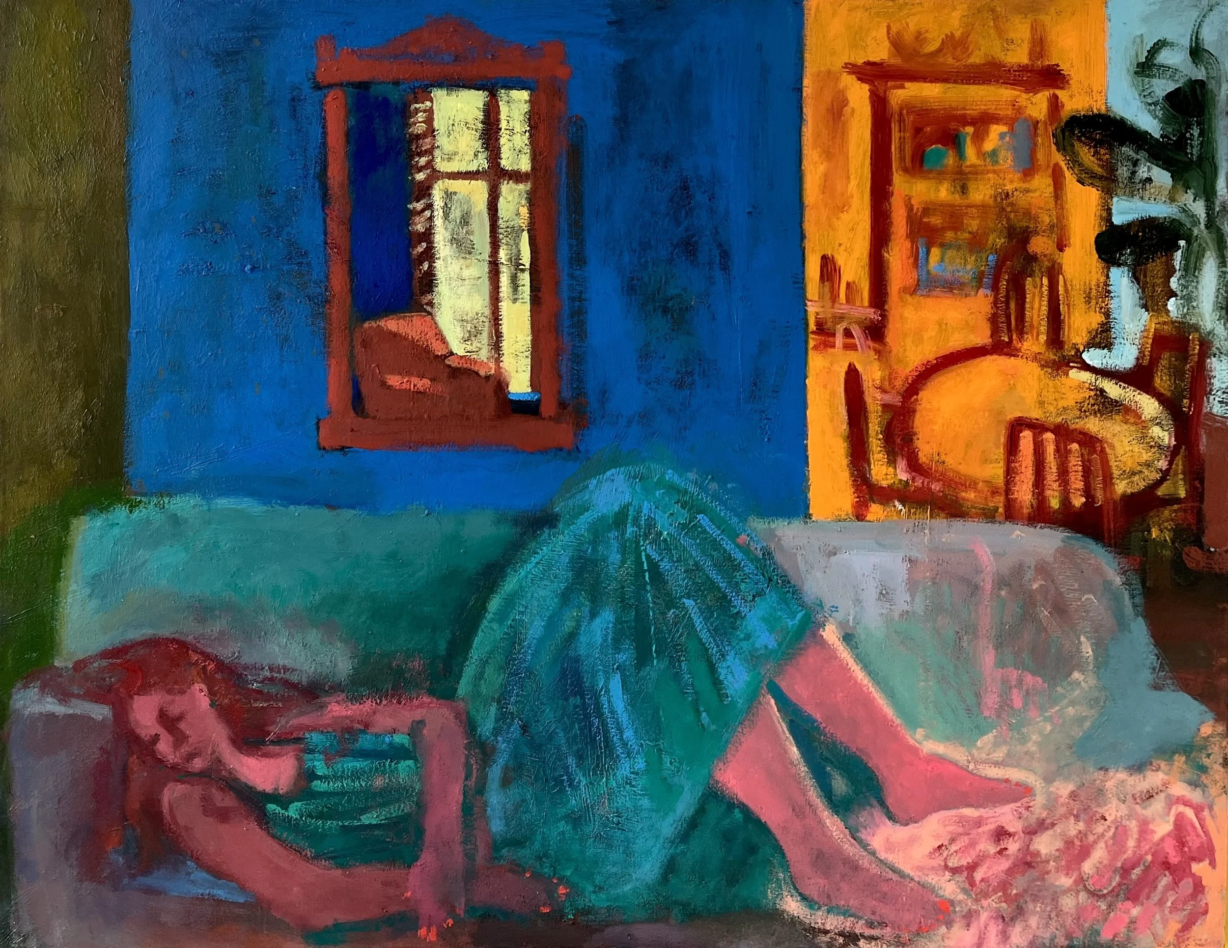 Retreat (somewhere between rest and defeat), oil on linen, 34” x 44"