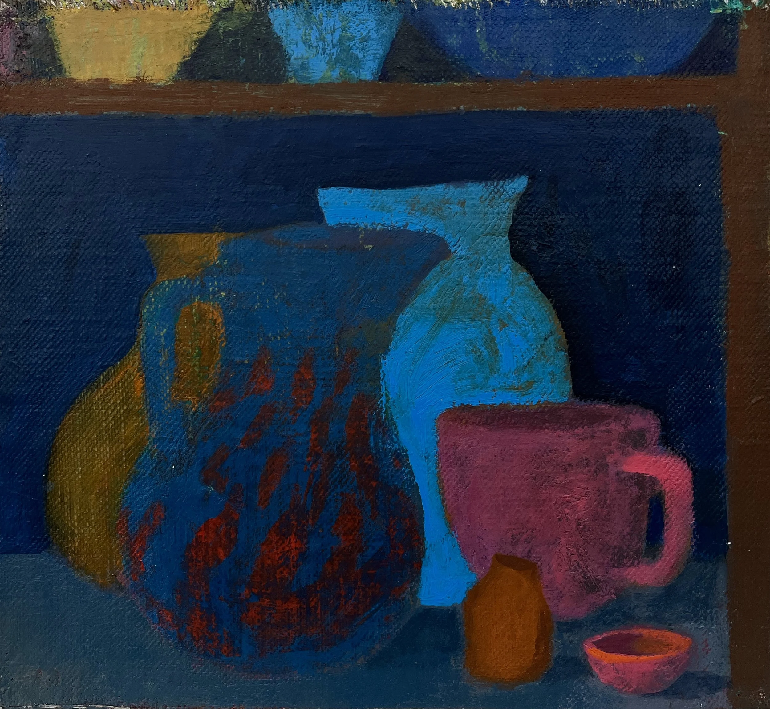 Imagining Kate's Shelf, oil on mounted linen, 8" x 8.25" 