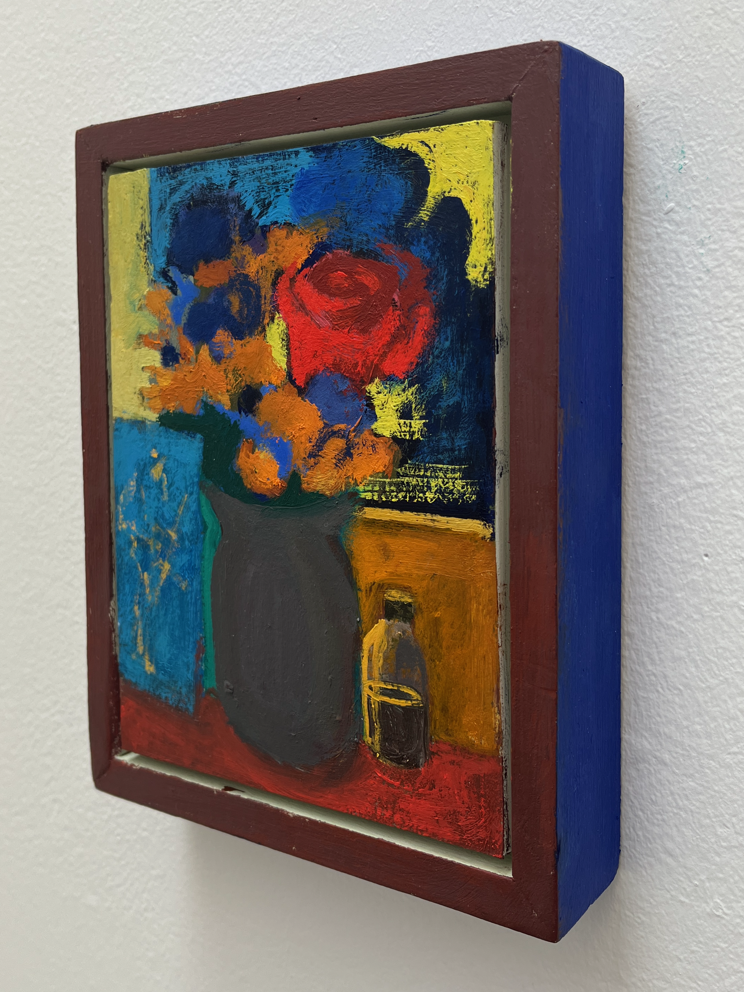 Studio Flowers, oil on mounted paper with painted frame, 8” x 6” (detail)