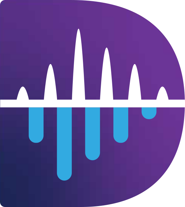 Digital audio waveform displaying frequencies on a purple background.