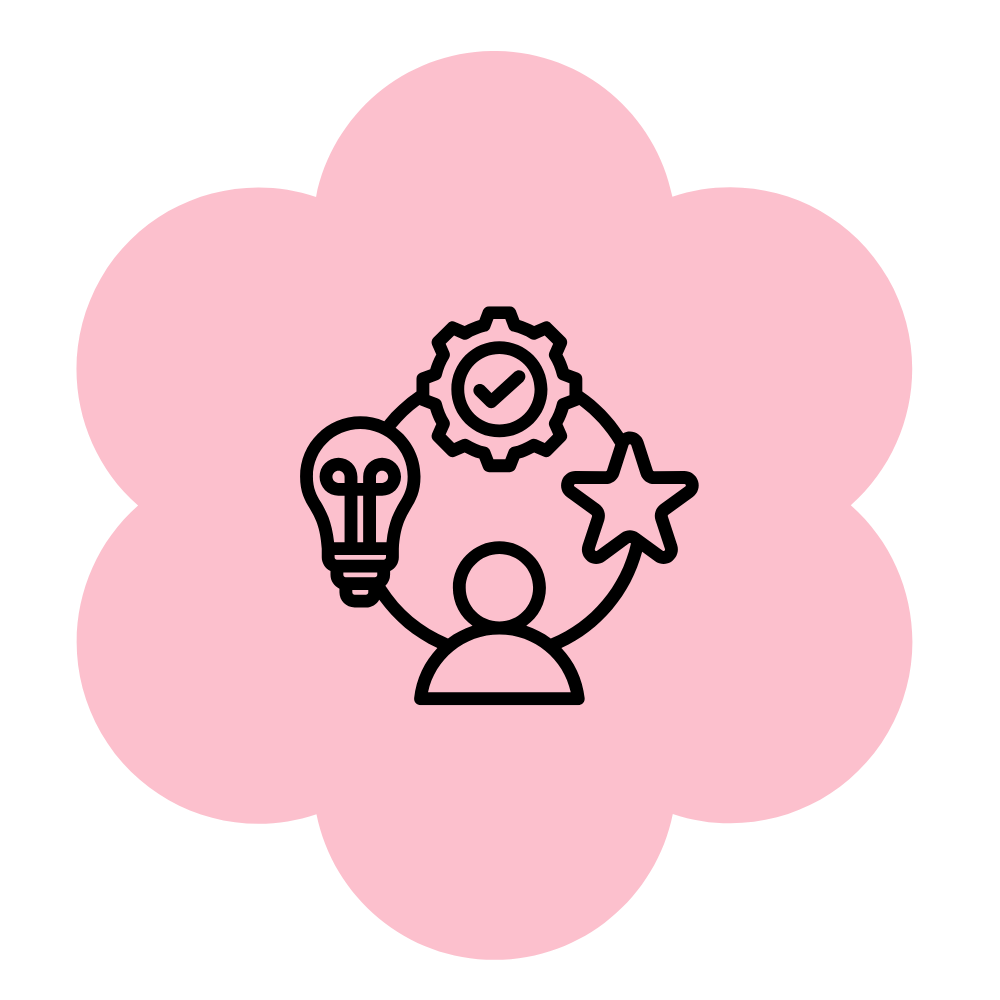 A pink flower-shaped background with an illustration of a person surrounded by symbols of ideas, innovation, a gear with a check mark, a lightbulb, and a star.