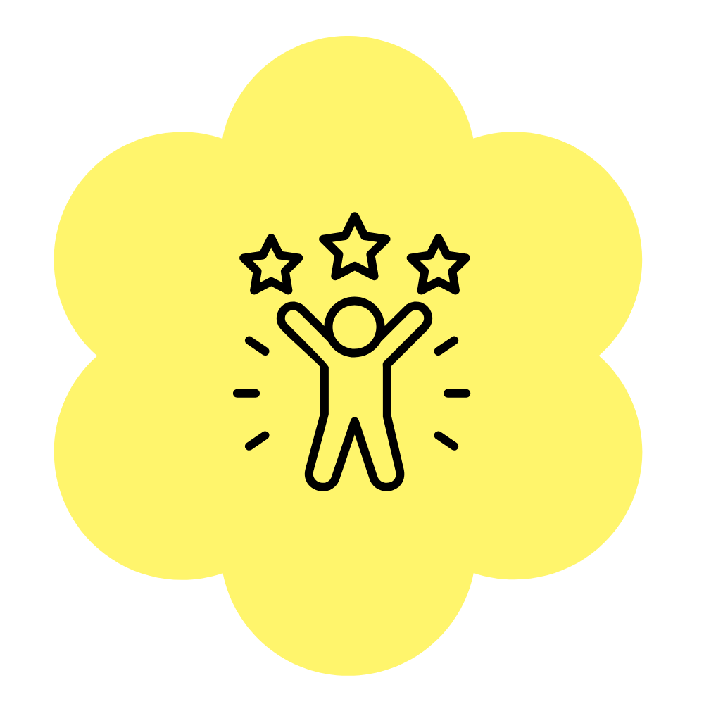 A yellow flower-shaped badge with a black outline of a person celebrating, with three stars above its head, surrounded by small lines indicating excitement or achievement.