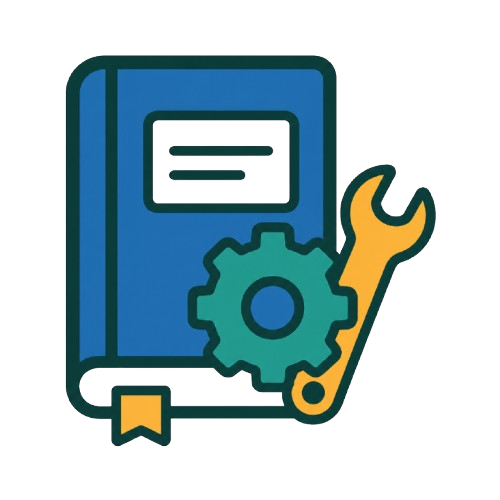 Livro de manual técnico com engrenagem e chave de ferramenta ao lado