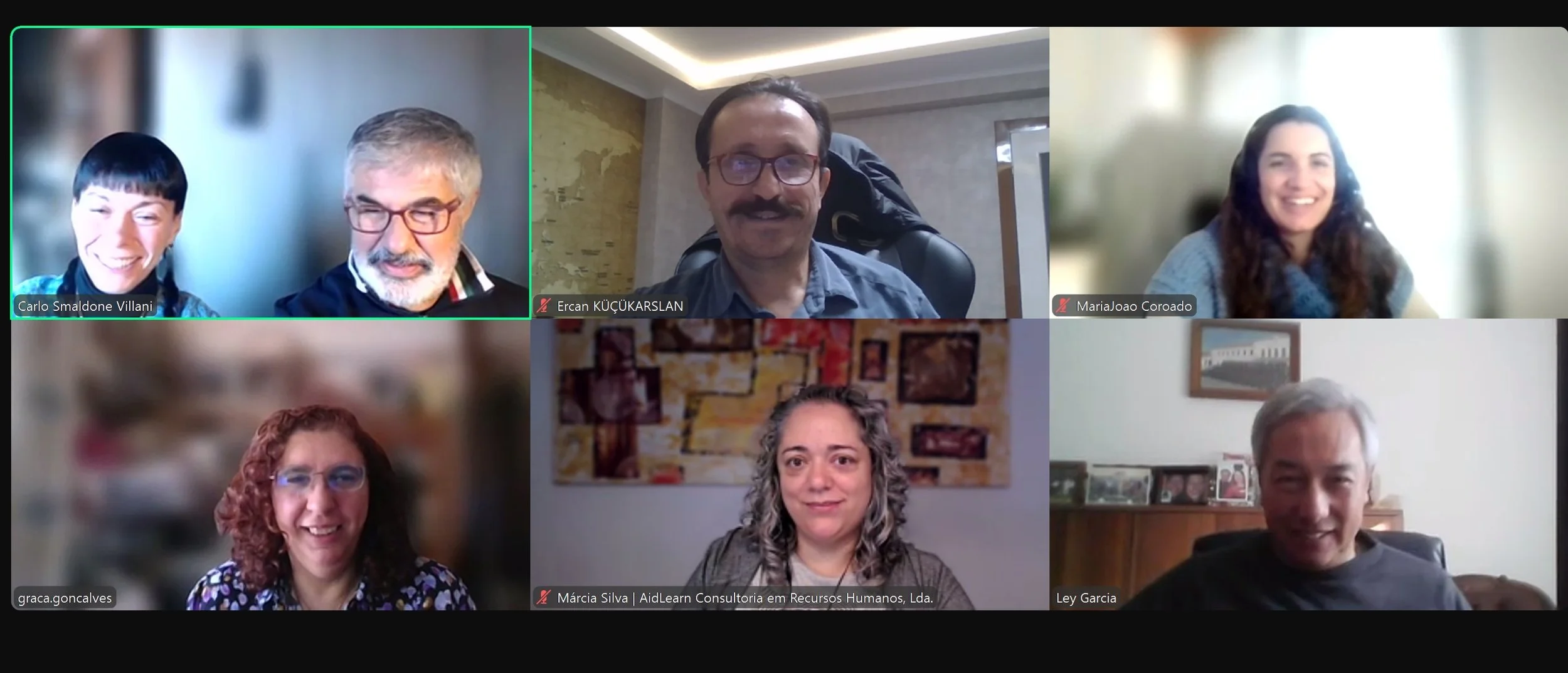 Reunião virtual com oito pessoas, cada uma em uma janela de vídeo; fundo variado atrás de cada participante.