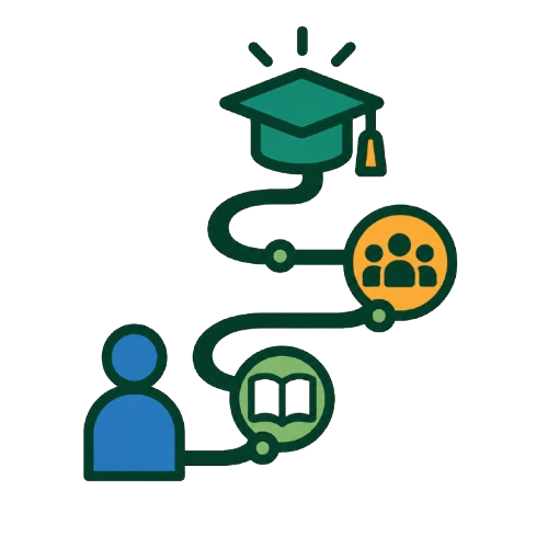 Ilustração de uma cena acadêmica com um estudante, uma graduação, um livro, e um grupo de pessoas.