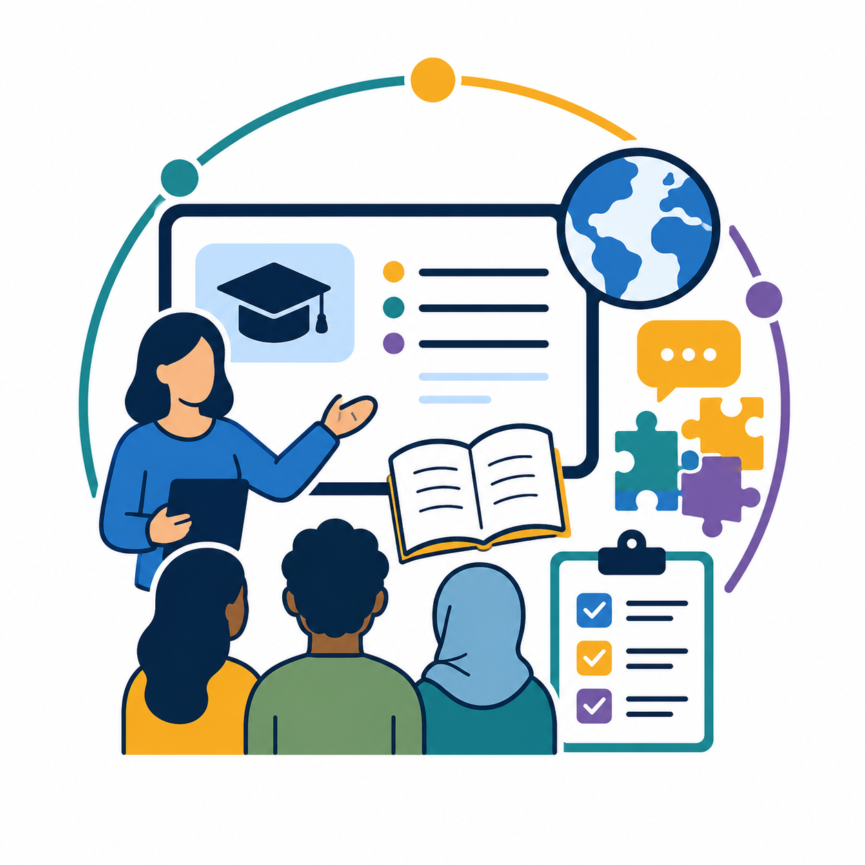 Ilustração de uma professora apresentando uma aula para três alunos, com elementos de educação e globalização, incluindo livro, imagens de educação, pontos de debate e ícones relacionados ao ensino.