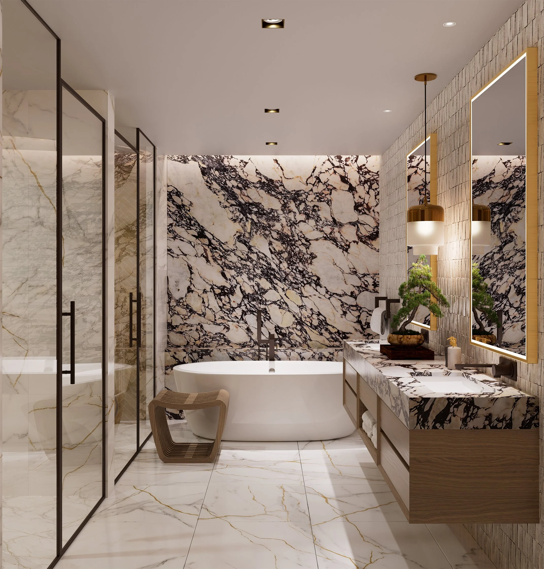 Modern bathroom with marble floors and walls, featuring a freestanding bathtub, a large mirror, a wooden vanity, and decorative hanging lights.