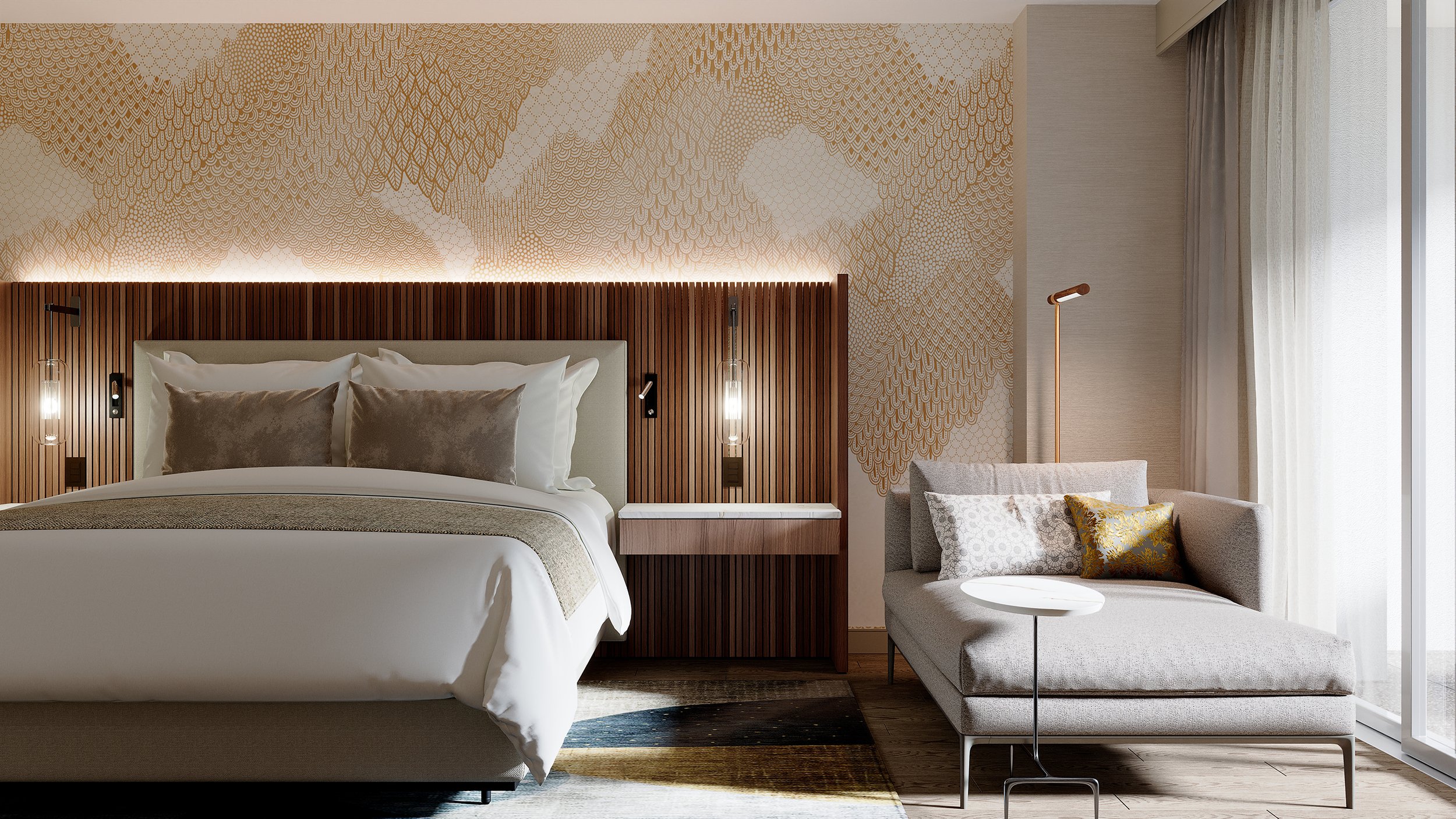 Modern bedroom with a large bed featuring white linens and gray pillows, a wooden headboard with hanging bedside lamps, a gray sofa with decorative pillows, a small round side table, and large windows with curtains.