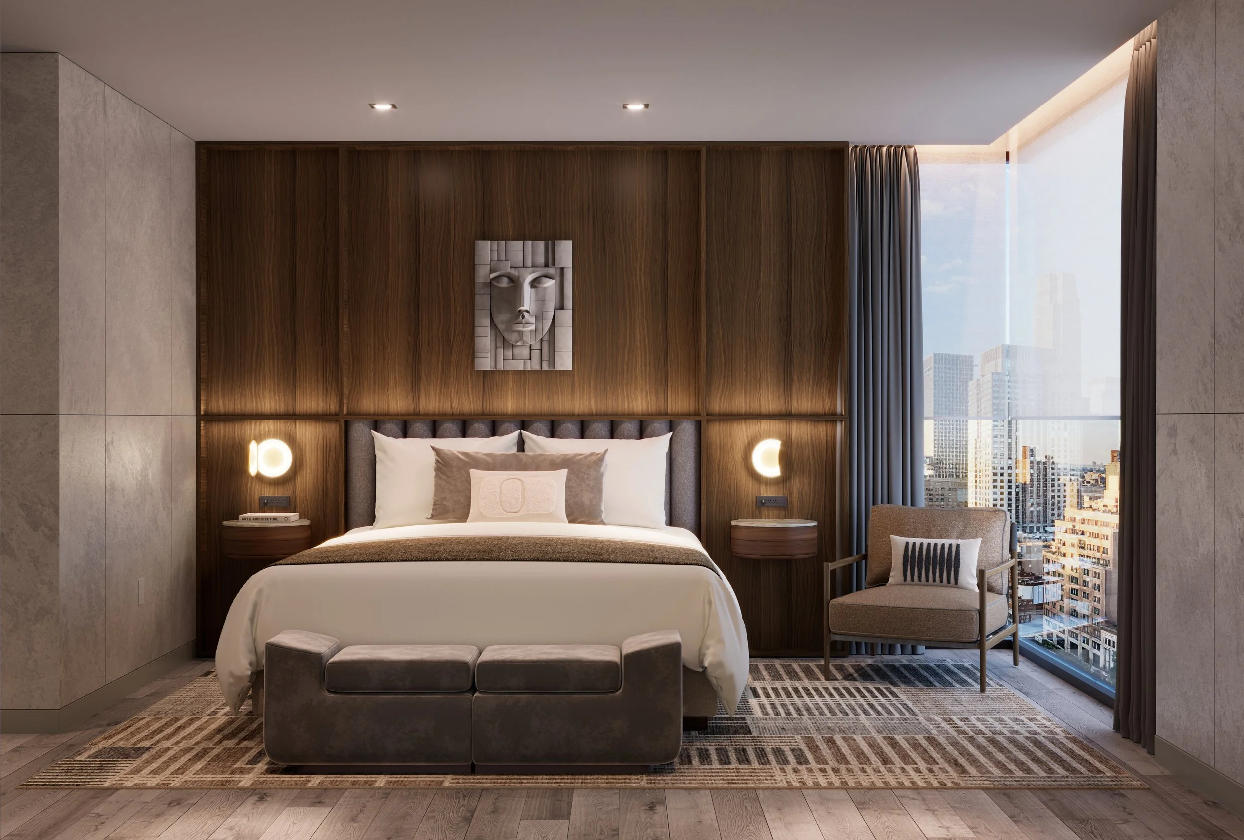 Modern bedroom with a large bed, wooden headboard, and city view through floor-to-ceiling windows.