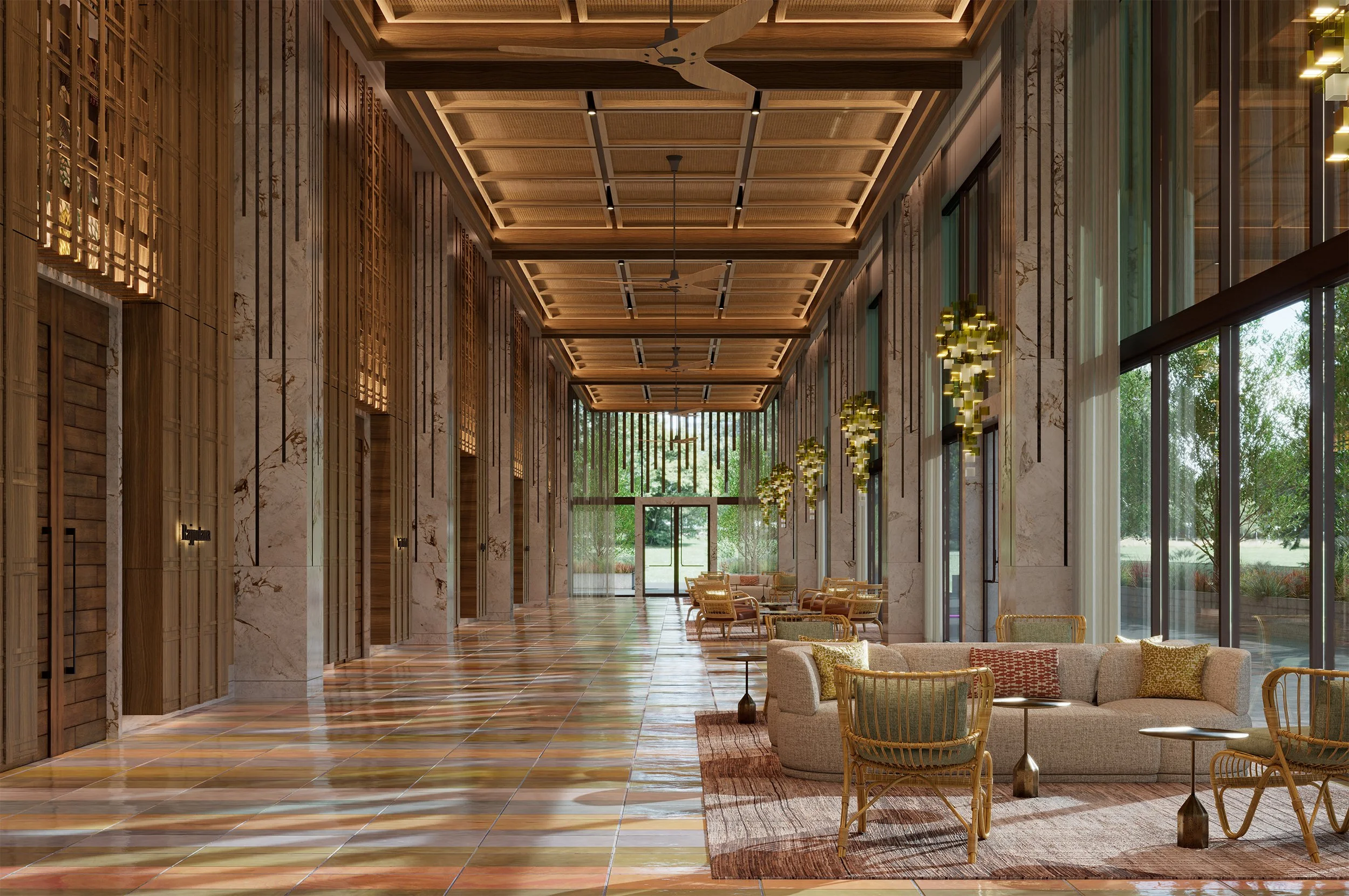 Spacious lobby with high wooden coffered ceiling, large windows, modern lighting fixtures, seating area, and decorative wooden wall panels.