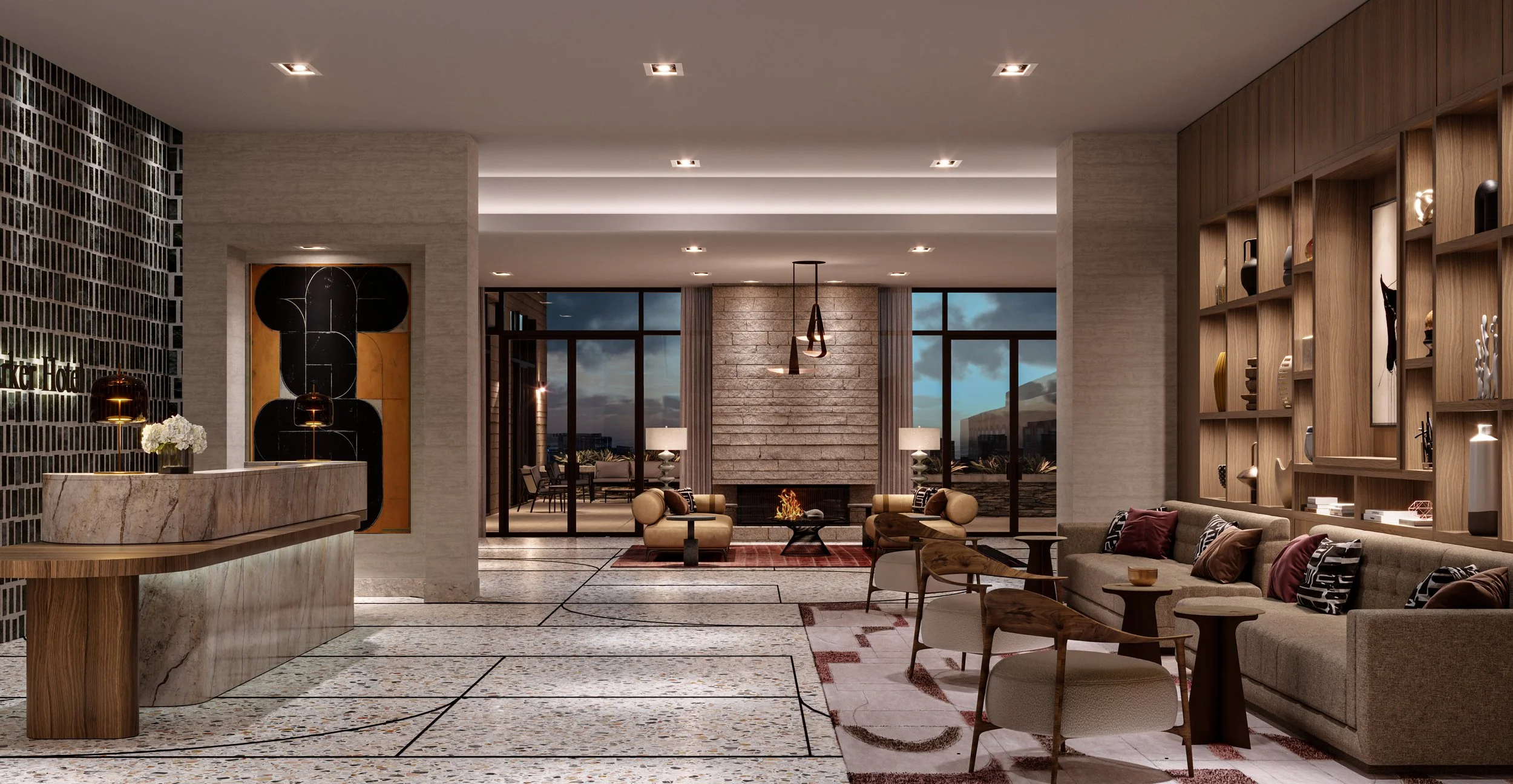 Modern hotel lobby with seating area, fireplace, large windows, and decorative shelving.