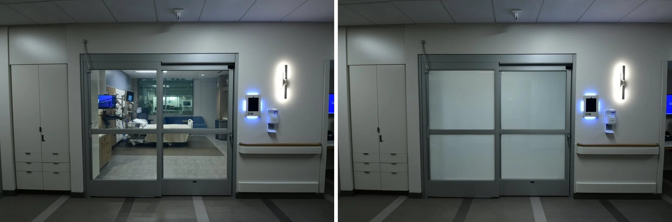 The same intensive-care room shown twice — its SmartLayer glass front clear on the left, revealing the bed and monitors, and switched to private frosted white on the right.