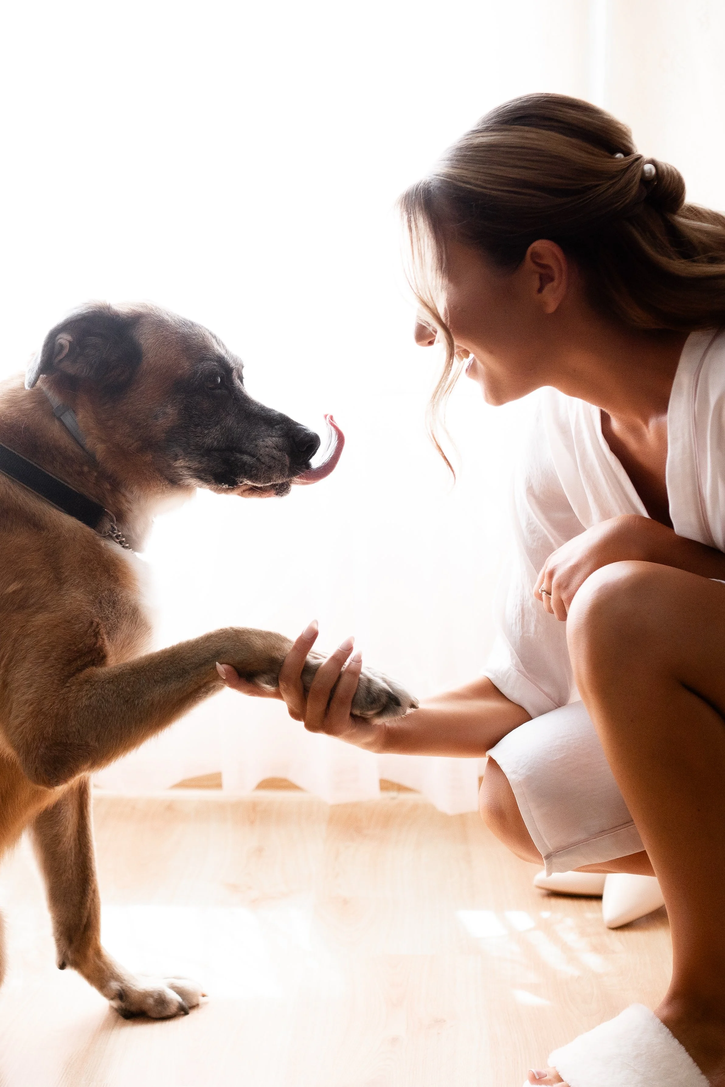 A woman crouching on a wooden floor holding a dog's paw during a playful moment with the dog, which has its tongue sticking out.