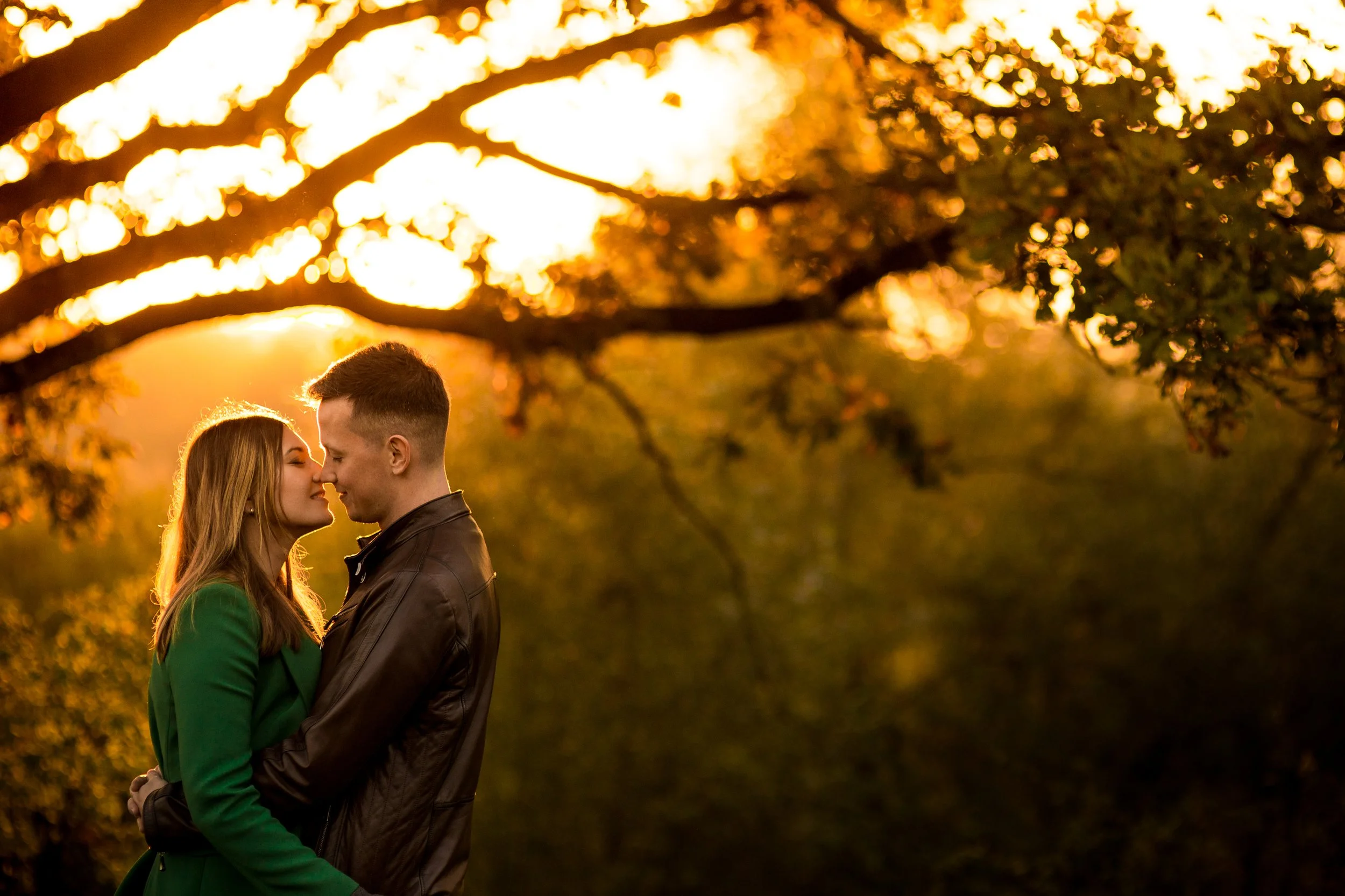 A romantic couple standing close together at sunset, with their foreheads and noses touching, in an outdoor setting with trees and warm golden light.