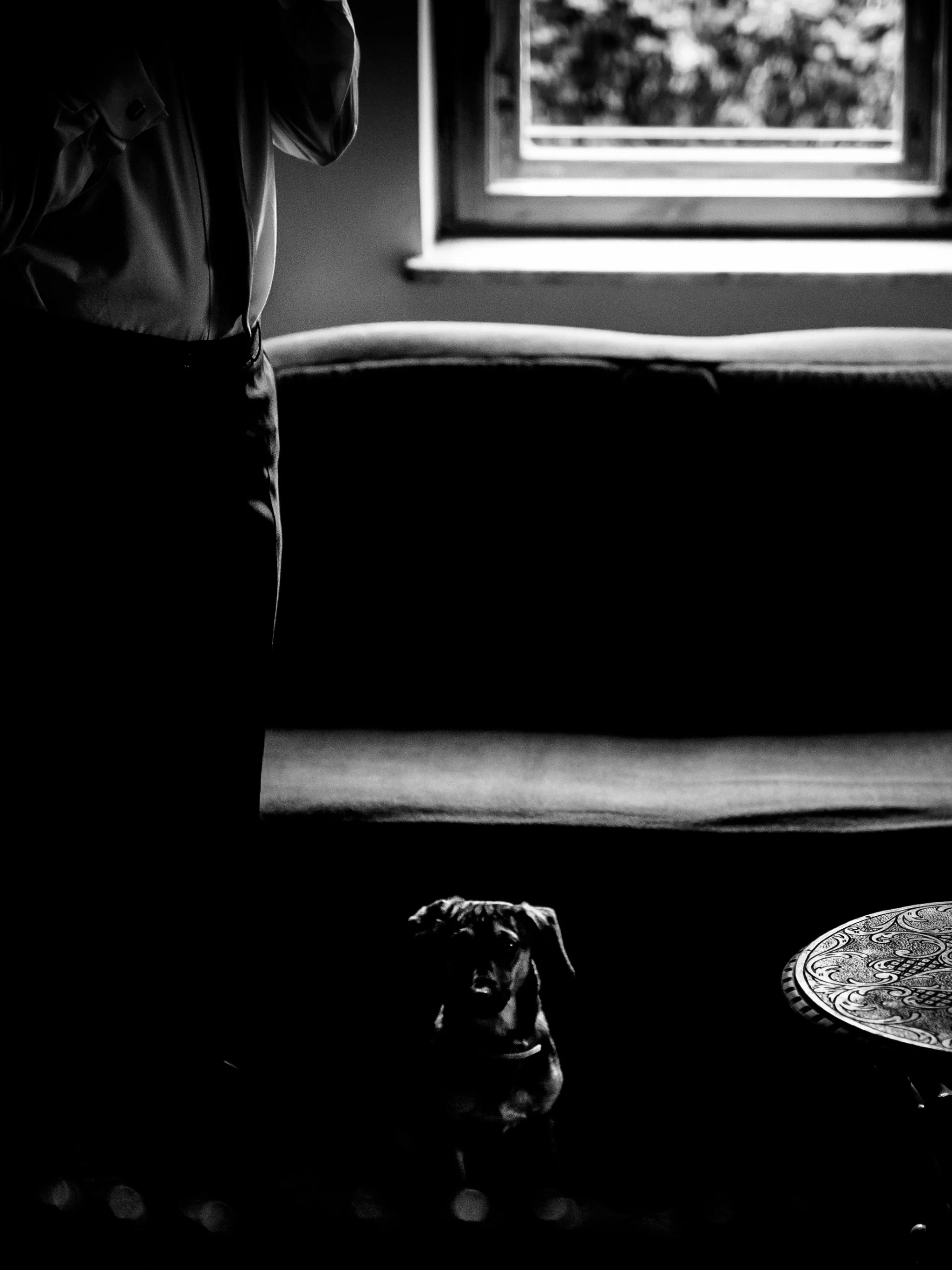 A black and white photo of a room with a person on the left side and a dog sitting on a dark surface near a small round decorative table on the right. The person is partially visible, standing with their hand near their face, and the room has a windo