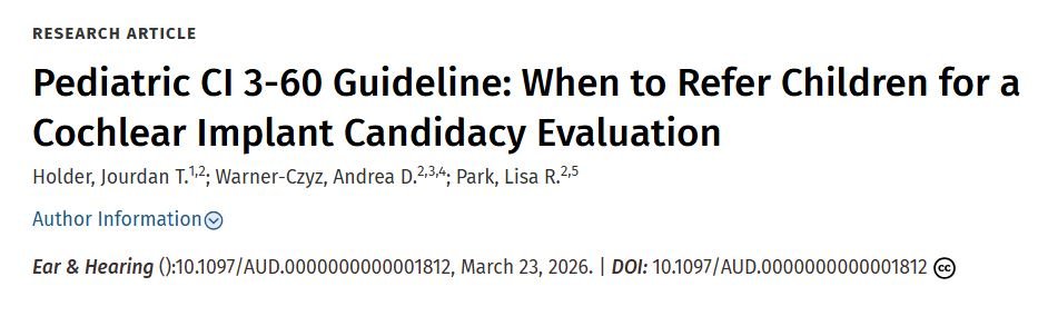 Title of a research article: 'Pediatric CI 3-60 Guideline: When to Refer Children for a Cochlear Implant Candidacy Evaluation' with author names and publication details.