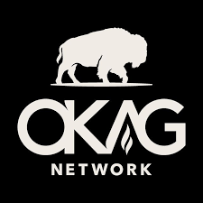 Black background with a white silhouette of a bison walking on top of the text 'OKAG NETWORK'