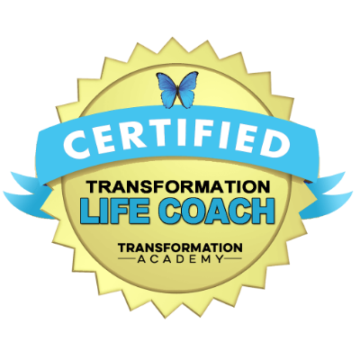 A badge with a yellow background and a blue ribbon, featuring the words "Certified Transformation Life Coach" and "Transformation Academy" with a blue butterfly at the top.