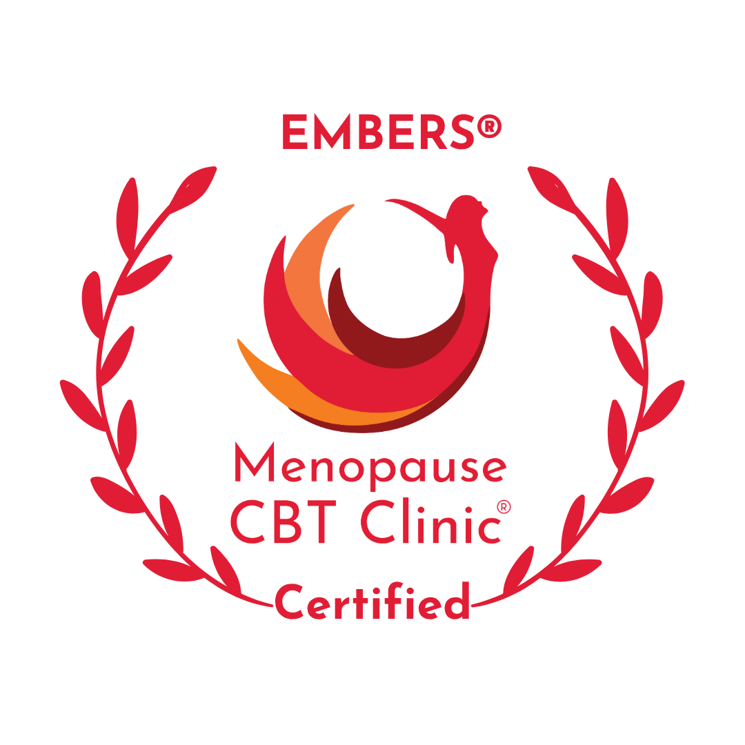 Logo for EMBERS Menopause CBT Clinic, certified, featuring a stylized flame and laurel wreath in red and orange.