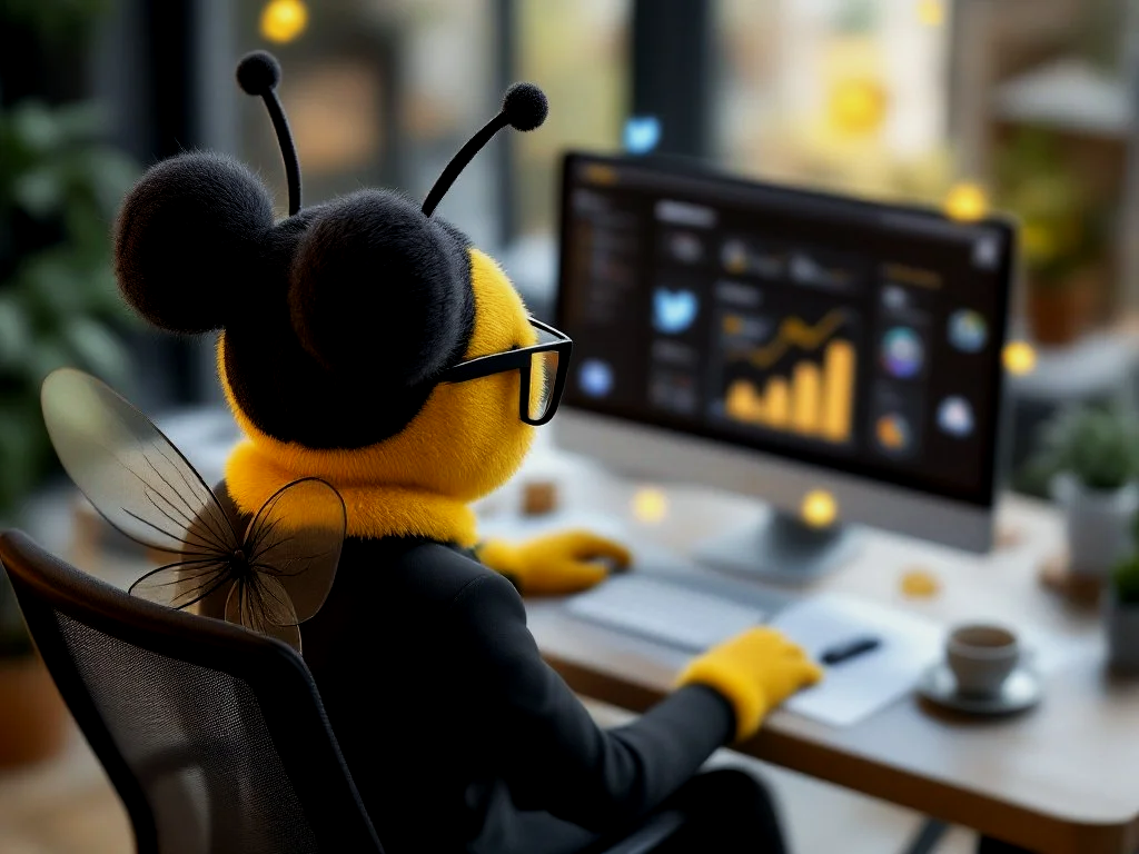 A person with a bee costume, including antennae, wings, and glasses, working at a computer in a cozy indoor space with a blurred background.