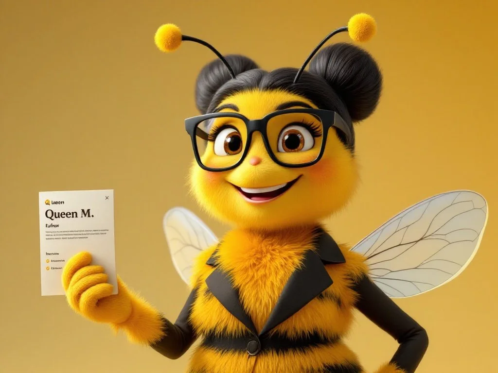 A friendly cartoon bee character with large glasses and wings, holding a business card that reads 'Queen M.'