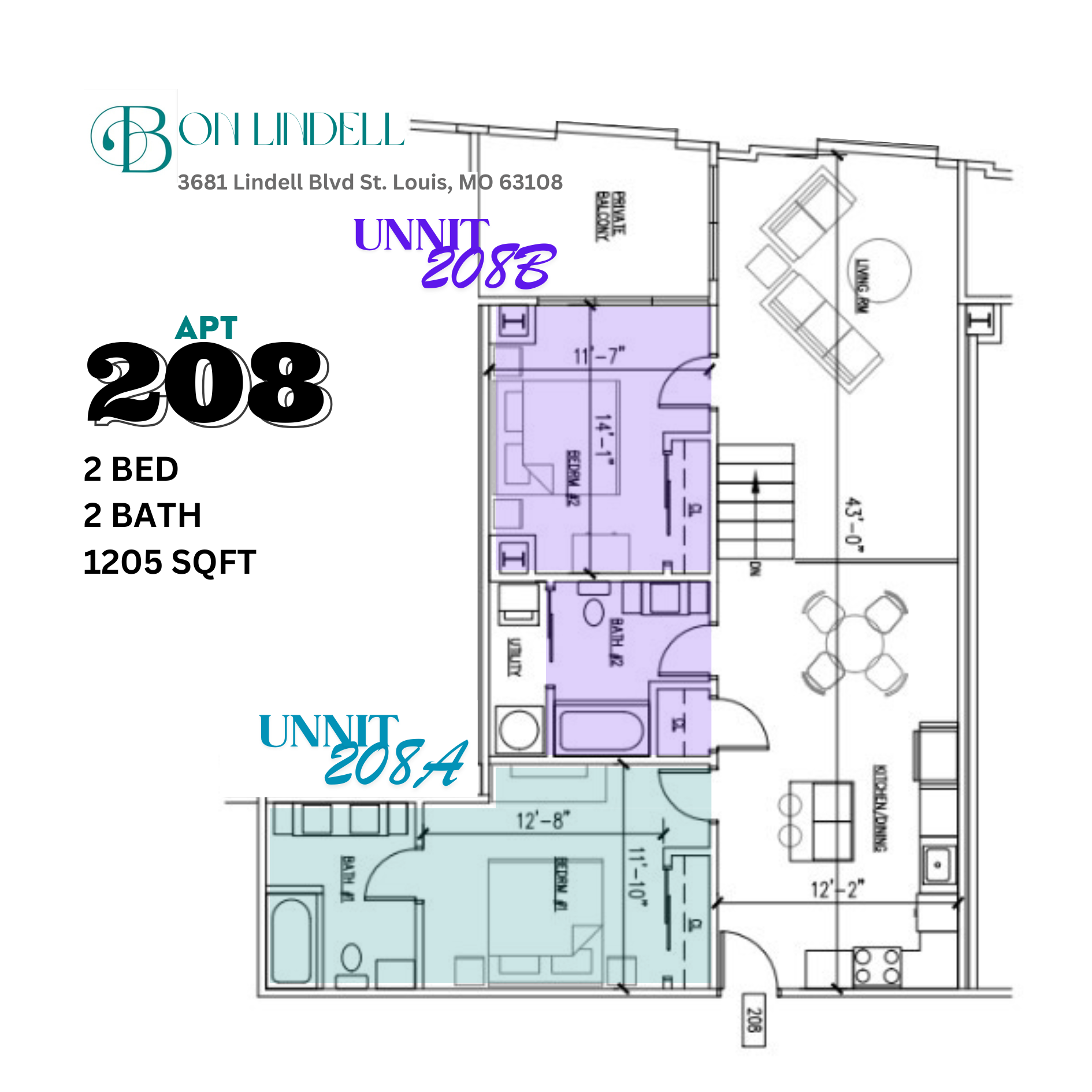 Apartment 208 - Student unit - 2 bed 2 bath