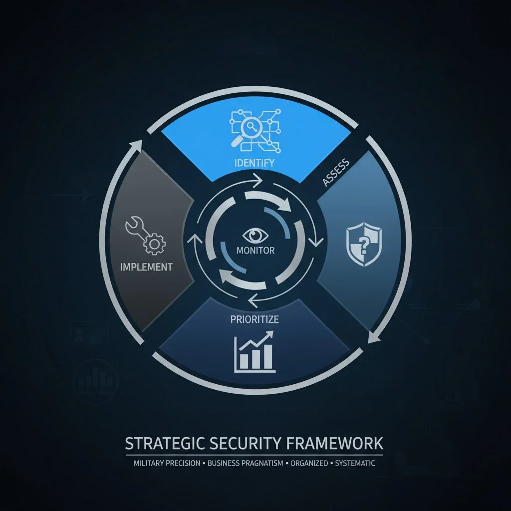 A circular infographic illustrating a strategic security framework with sections labeled Identify, Assess, Prioritize, and Implement, centered around Monitoring.