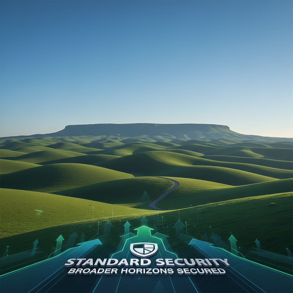 A digitally enhanced landscape with rolling green hills and a mountain or plateau in the distance under a clear blue sky. At the bottom of the image, there is a graphic overlay with the text 'Standard Security Broader Horizons Secured' and a shield icon, suggesting themes of security and protection.