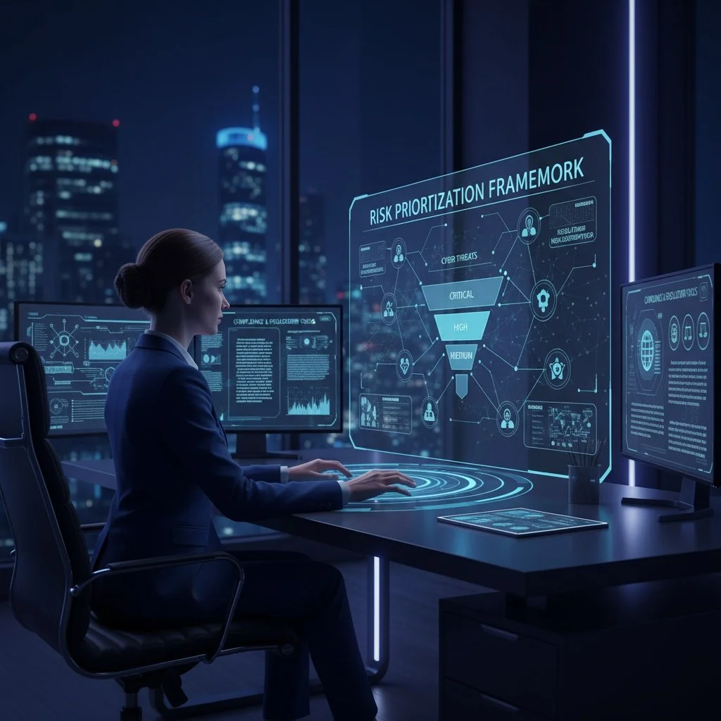 A woman in business attire sitting at a desk with multiple computer monitors displaying data and graphs in a high-tech office with city lights outside, analyzing a digital interface labeled 'Risk Prioritization Framework'.