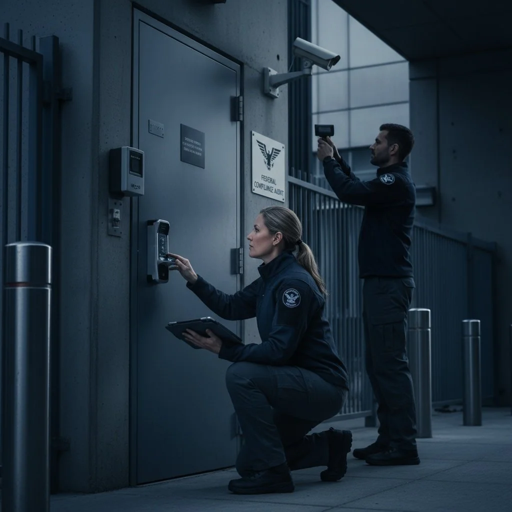 Security officers at a secured facility checking security devices, with one officer using a handheld scanner and the other on a secure access panel, near a sign that reads "Federal Confluence Authority."