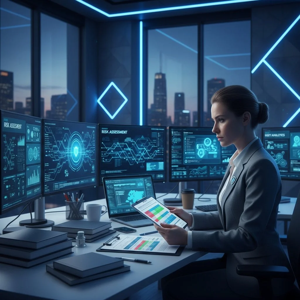 A woman in a business suit working at a desk with multiple computer monitors displaying data and analytics, in a high-tech office with large windows and a city skyline view.