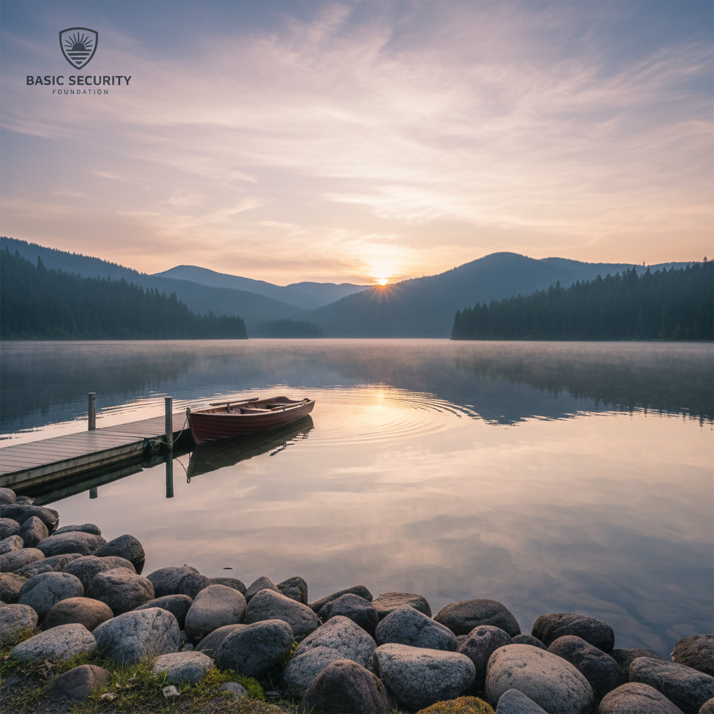 Calm lake at sunrise with mist on water, surrounded by forested hills, a small wooden dock and boat in the foreground, and mountains in the background, with the 'Basic Security Foundation' logo in the upper left corner.