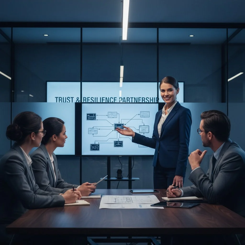 A businesswoman in a navy suit standing and presenting to a group of four colleagues seated at a conference table, with a screen displaying charts behind her in a modern office.