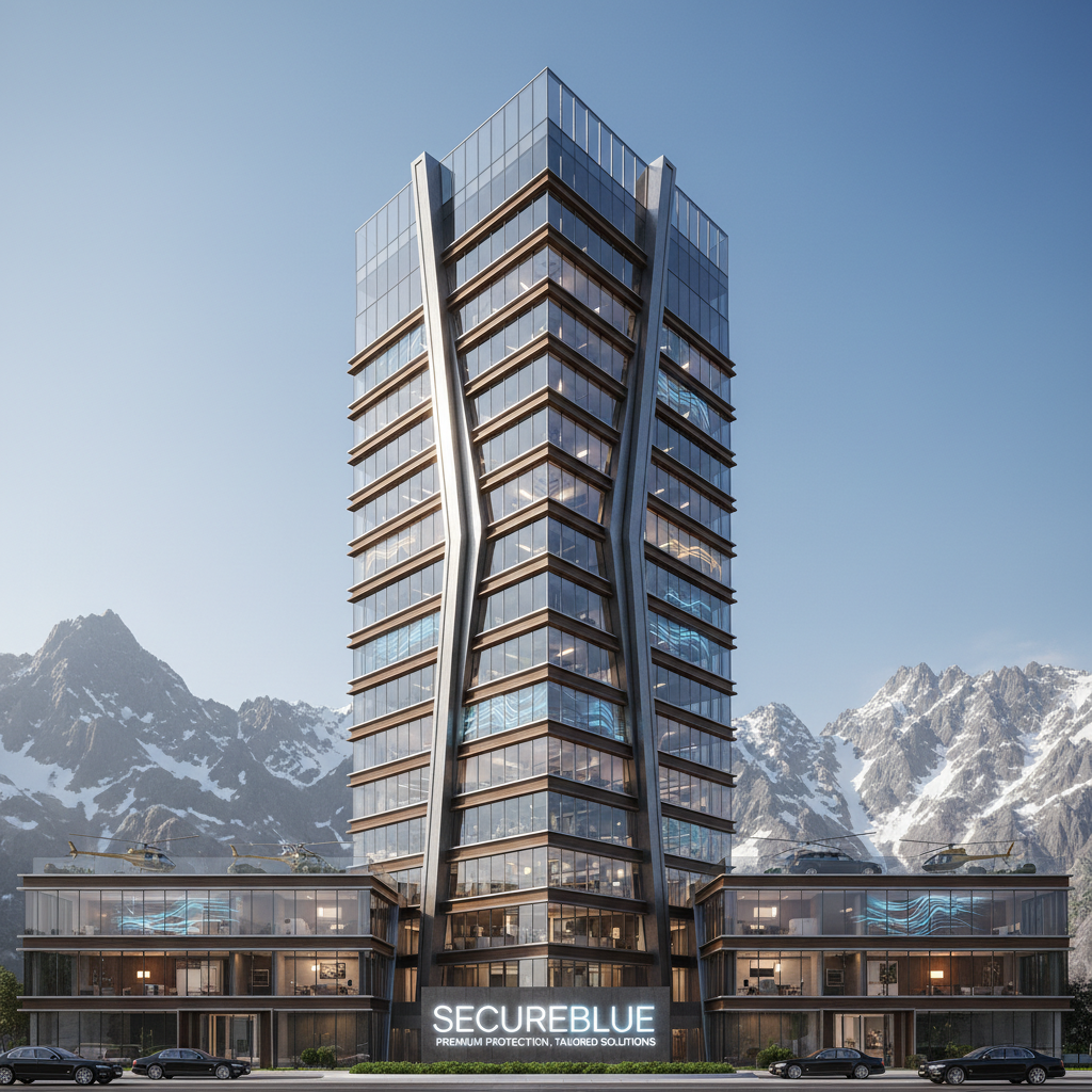 A modern glass skyscraper with mountain landscape in the background, featuring a sign that reads 'SECUREBLUE' at the base.