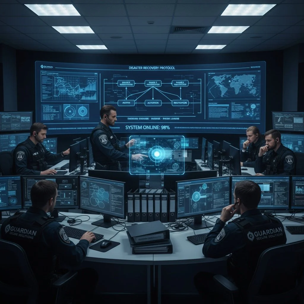 A team of cybersecurity professionals in a control room with multiple monitors displaying data, maps, and visuals related to disaster recovery and system security.