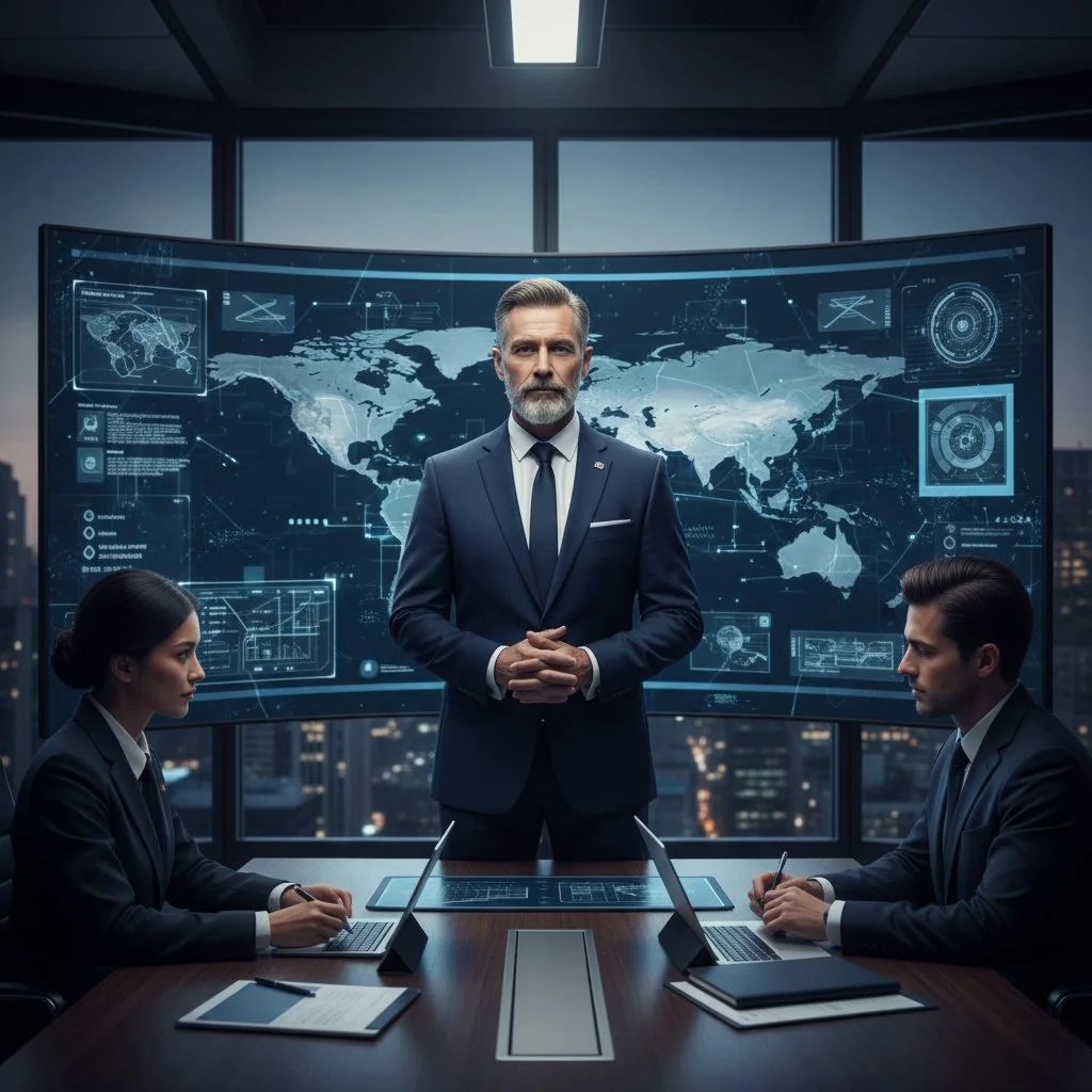 A man in a suit stands at the head of a conference table with two other people, a woman and a man, seated on either side, using laptops. Behind him is a large digital world map with various data and graphics, in a modern office with city lights visible outside.
