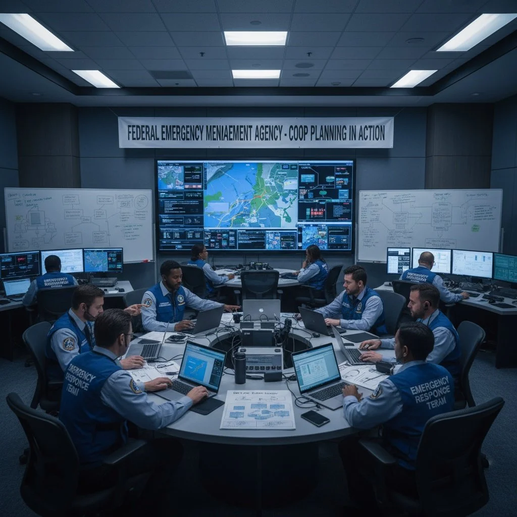 Emergency response team in a command center with large screens displaying maps and data, whiteboards with diagrams, and team members working on laptops.