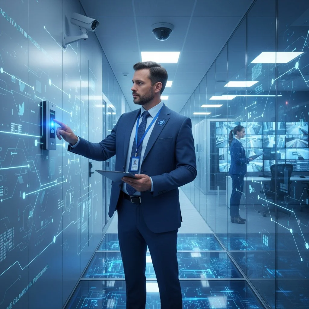 A man in a business suit interacts with a digital control panel in a high-tech office with a glass wall, with a woman working on multiple monitors in the background.