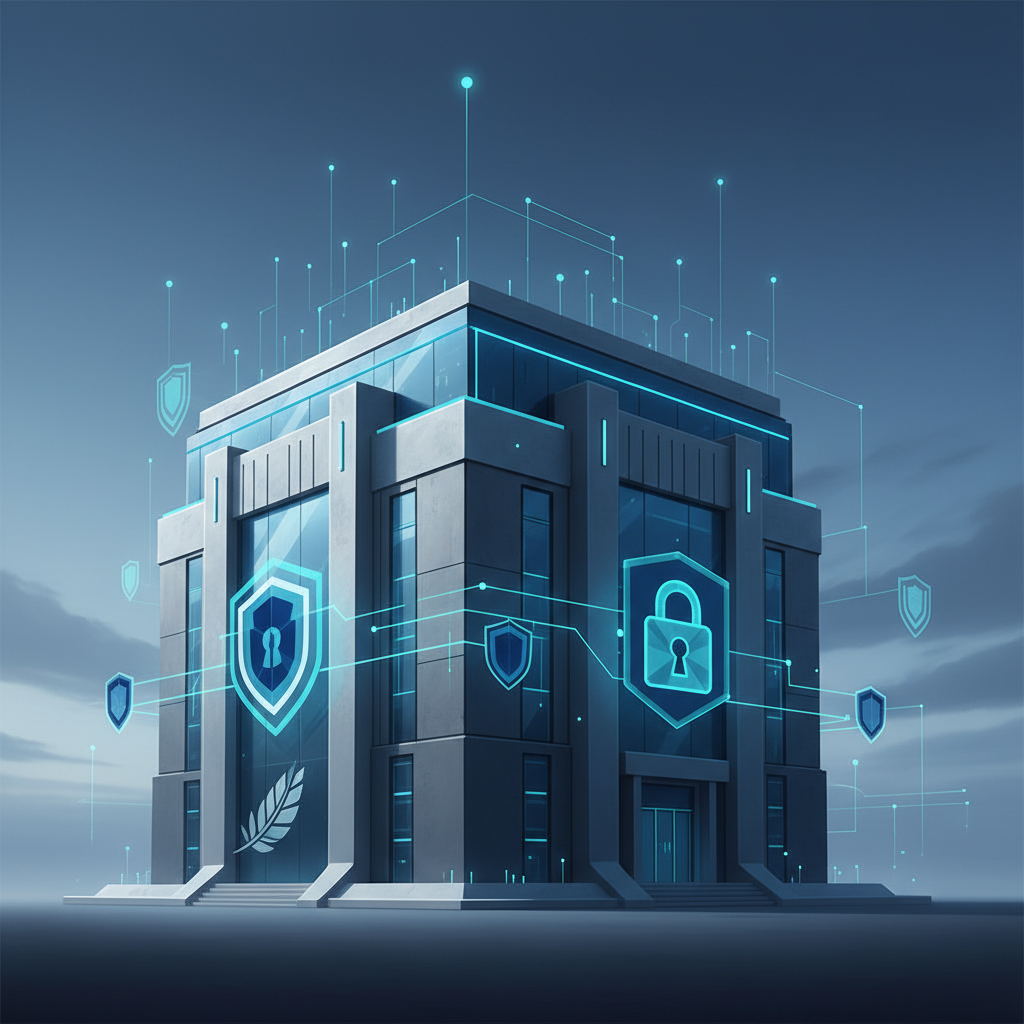 A modern, multi-story building with digital security icons and shield symbols projected around it, representing cybersecurity and data protection.