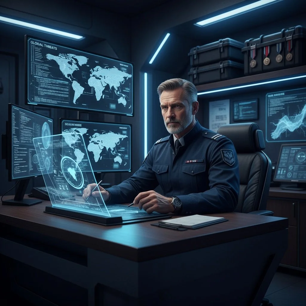 A man in a military uniform sitting at a desk with multiple digital screens displaying world maps, data, and graphs in a high-tech control room.