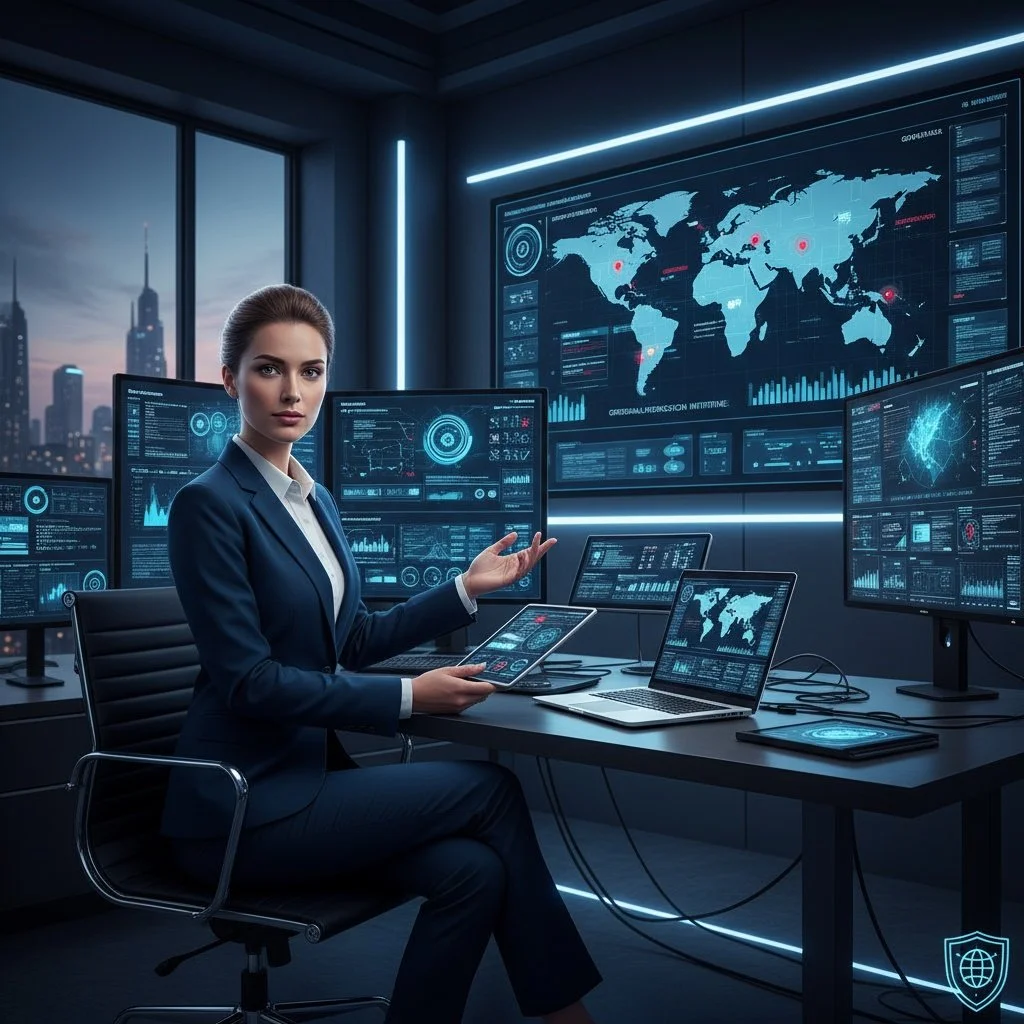 A woman in a dark business suit sitting at a desk with multiple monitors displaying global data, charts, and maps in a high-tech control room with city skyline view outside.