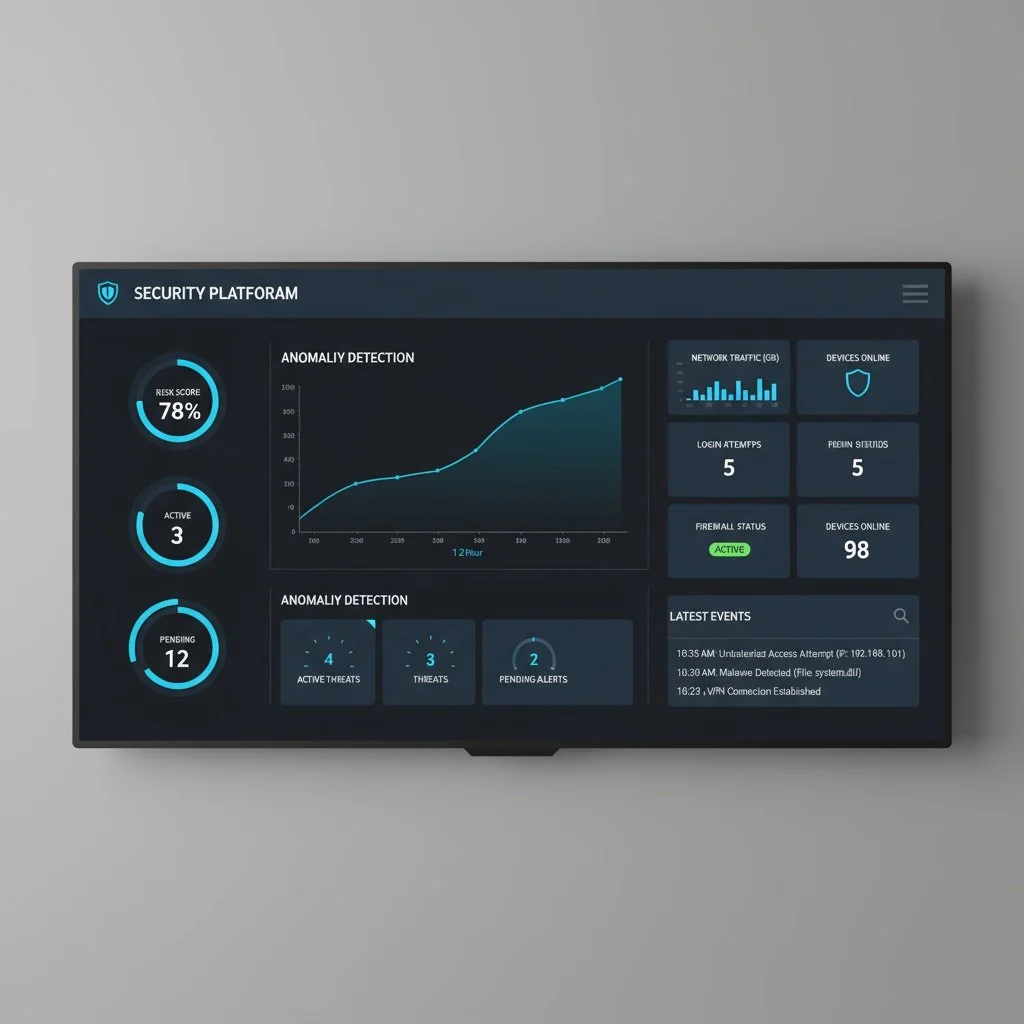 Digital security monitoring dashboard displaying anomaly detection, network traffic, devices online, risk score, active threats, pending alerts, login attempts, and latest events.