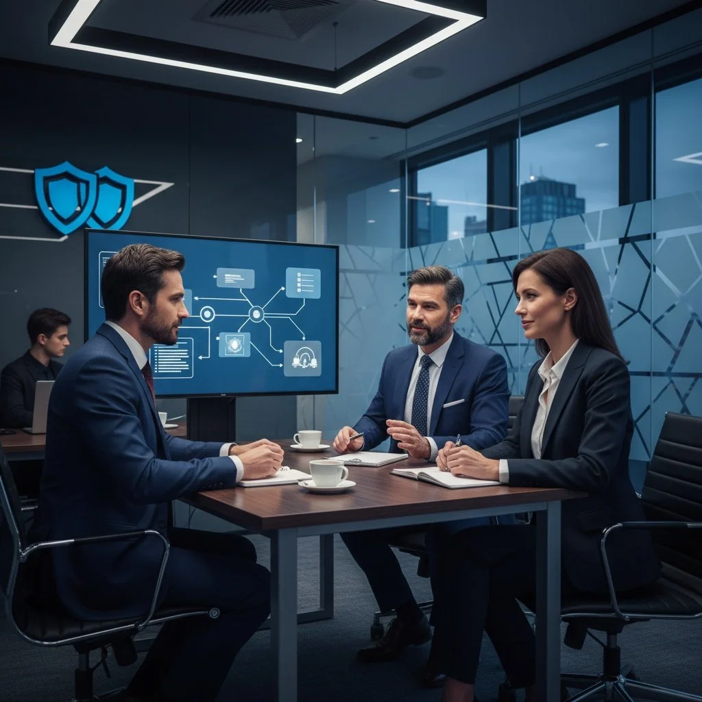 Three business professionals in suits having a meeting in a modern office conference room with a digital display on the wall.