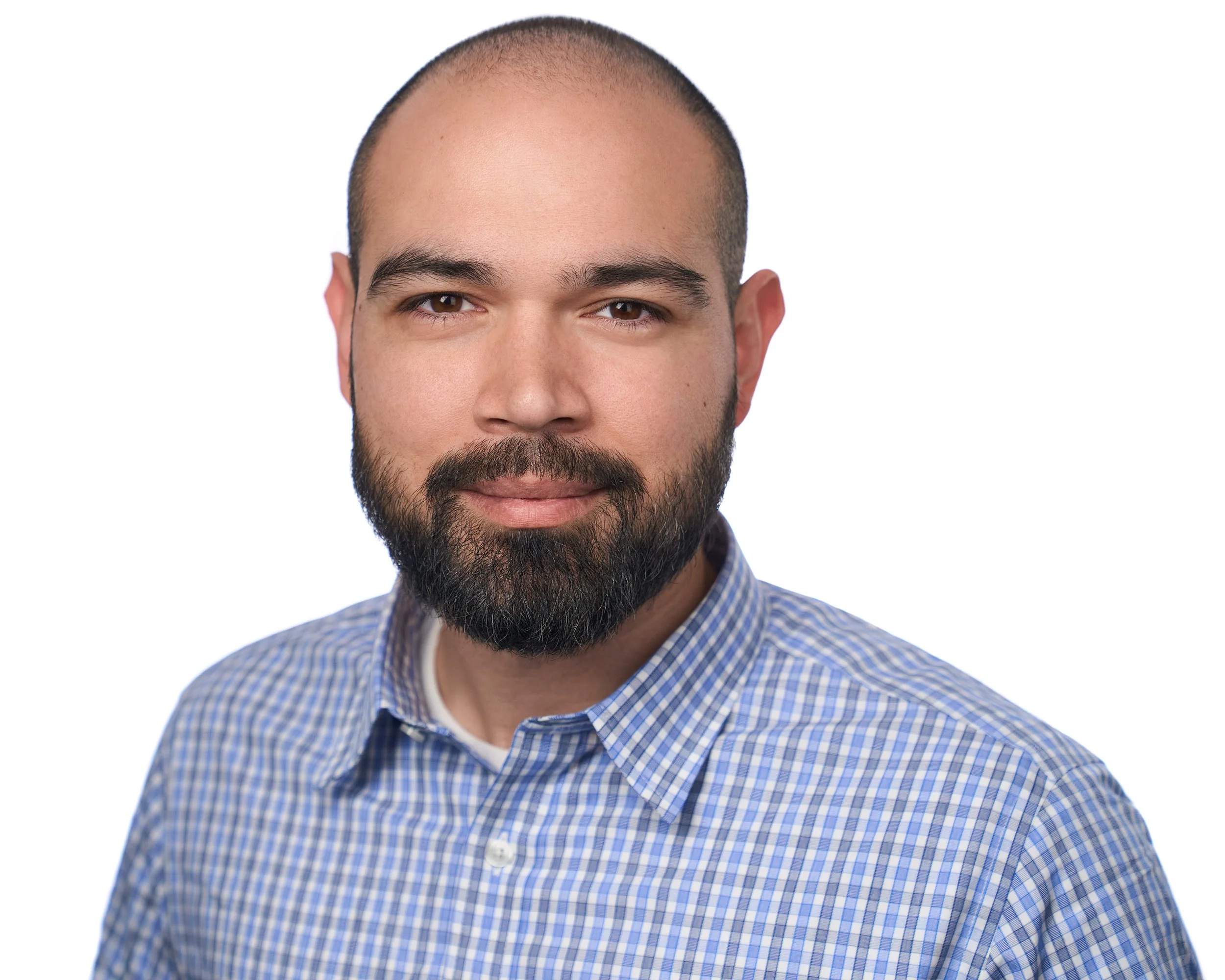 A headshot of a man with a shaved head and a full beard wearing a blue checkered shirt, smiling slightly against a white background.