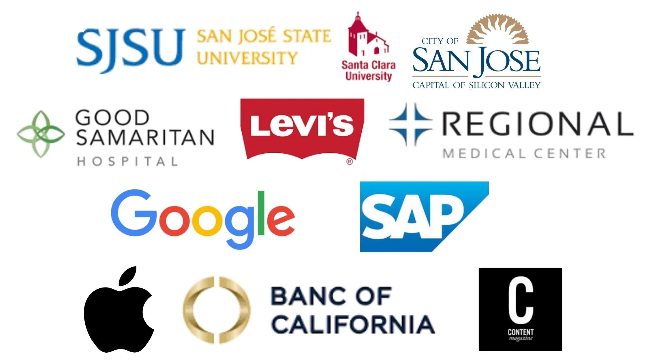 A collage of logos from various organizations including SJSU, Santa Clara University, City of San Jose, Good Samaritan Hospital, Levi's, Regional Medical Center, Google, SAP, Apple, Bank of California, and Content Magazine.