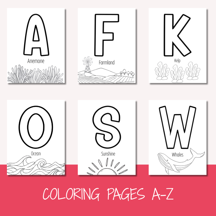 A collection of coloring pages featuring the letters A, F, K, O, S, and W with illustrations of an anemone, farmland, kelp, ocean, sunshine, and whales.