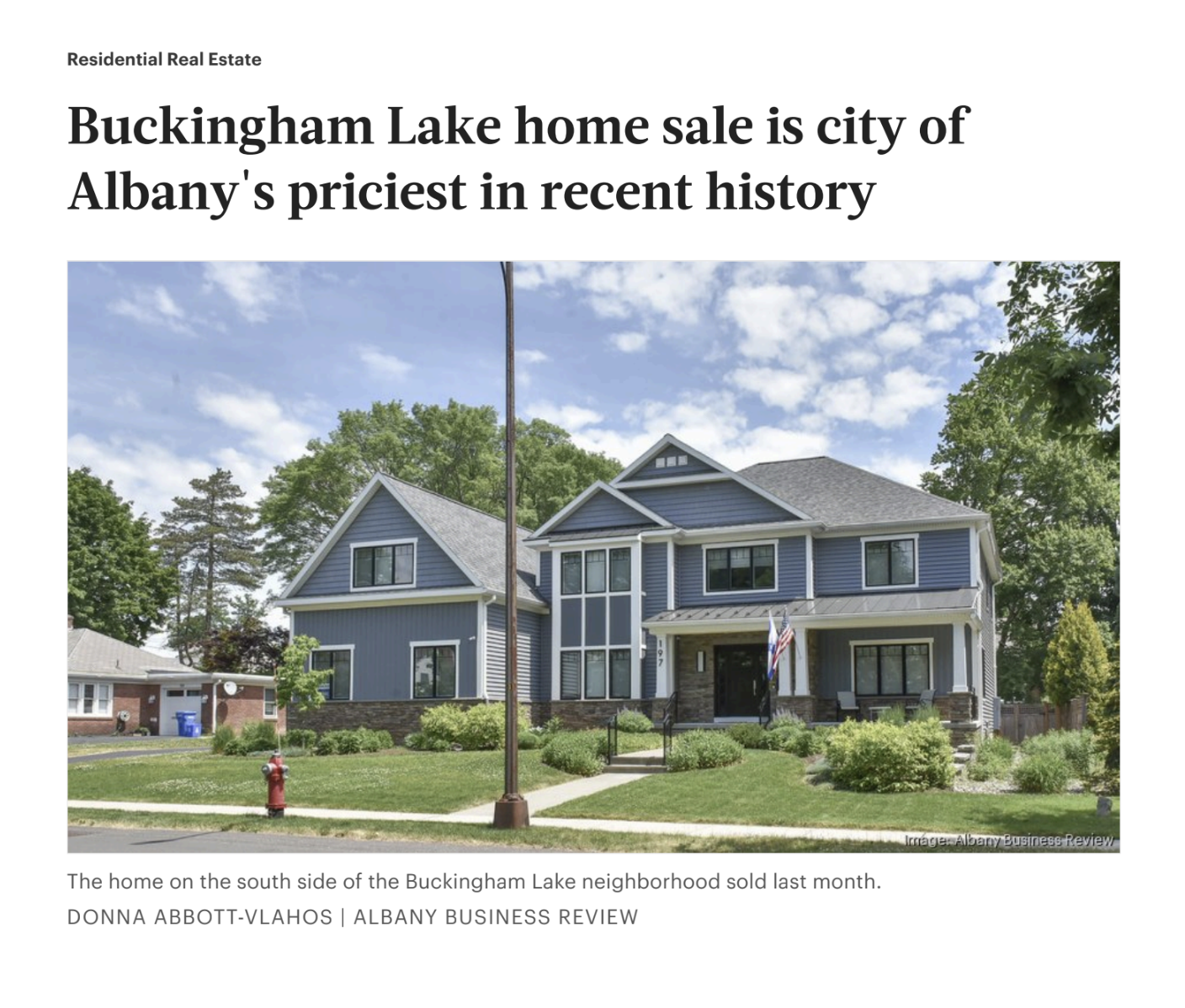 A screenshot of an article announcing a prominent house in the Capital Region sold by real estate agent Dana Farrell